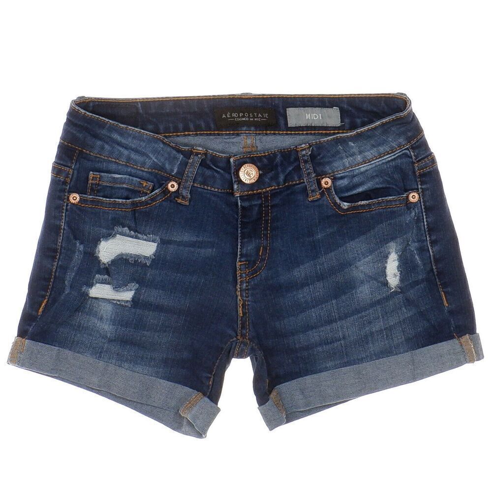 Aeropostale Shorts Juniors Size 00 W24 Blue Midi Distressed Denim Cuffed Stretch